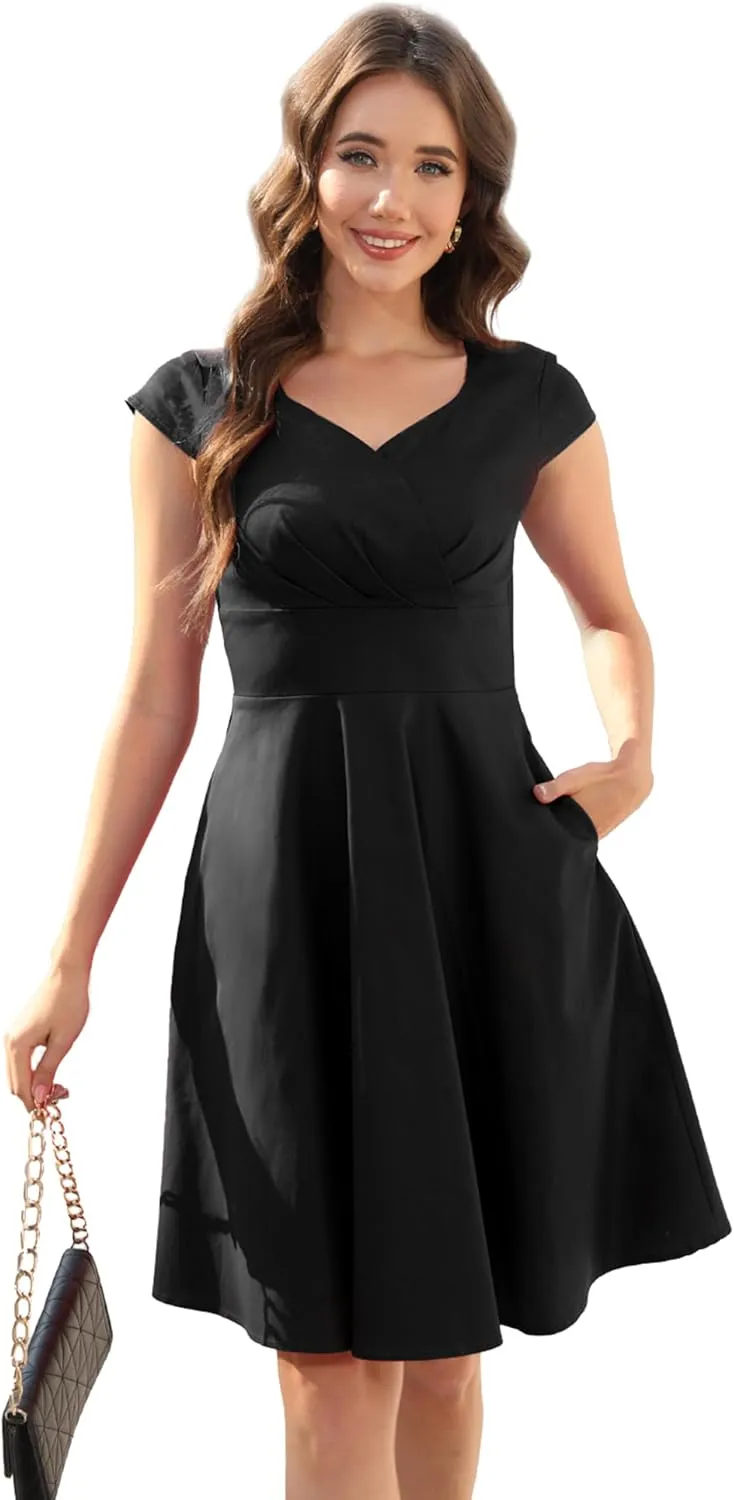 Ellames Women's 1950s Retro Vintage Dresses Elegant 2025 Cocktail Party Dress Cap Sleeve Dress with Pocket