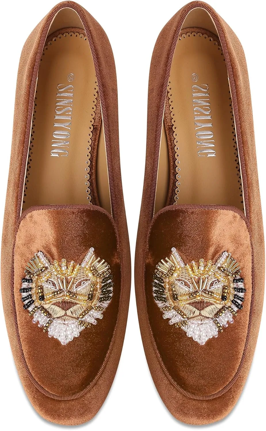Embroidered Loafers for Women Round Toe Velvet Flats with Tiger Head Pattern