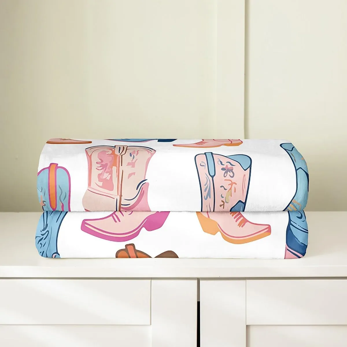 Erosebridal Cowboy Boots,Twin 60x80 Inch Cartoon Blue Western Cowgirl Flannel Blanket Wild West Shoes Fleece Throw Blanket for Boys Girls Kids Luxury Soft