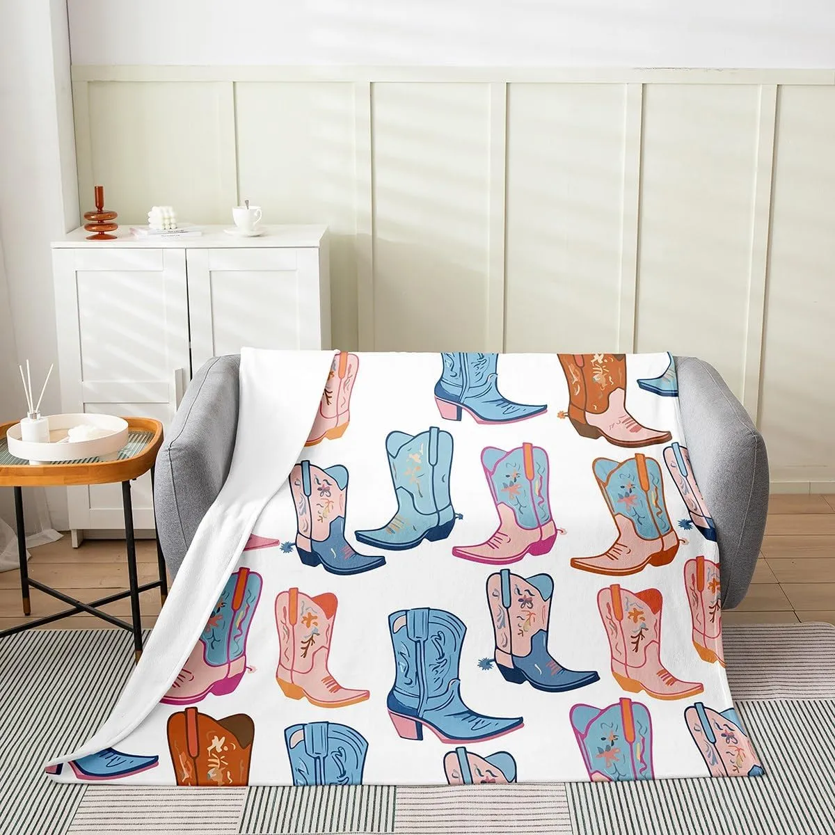 Erosebridal Cowboy Boots,Twin 60x80 Inch Cartoon Blue Western Cowgirl Flannel Blanket Wild West Shoes Fleece Throw Blanket for Boys Girls Kids Luxury Soft