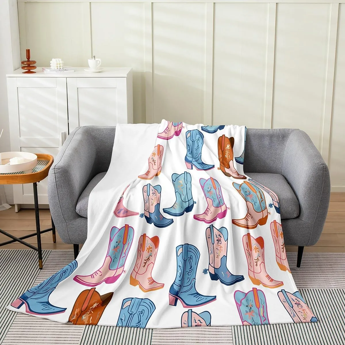 Erosebridal Cowboy Boots,Twin 60x80 Inch Cartoon Blue Western Cowgirl Flannel Blanket Wild West Shoes Fleece Throw Blanket for Boys Girls Kids Luxury Soft