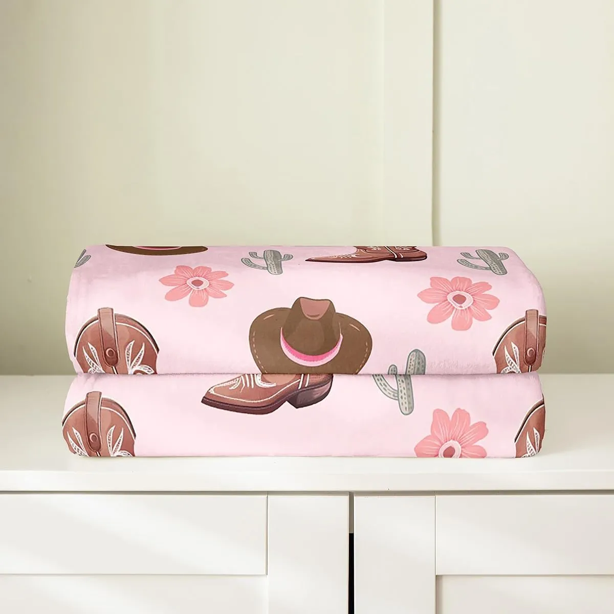 Erosebridal Cowgirls Room Decor Throw 50x60 Inch Hats Boots Flannel Blanket for Girls Women Cactus Floral Pink Brown Soft Warm Fleece Throw Blanket