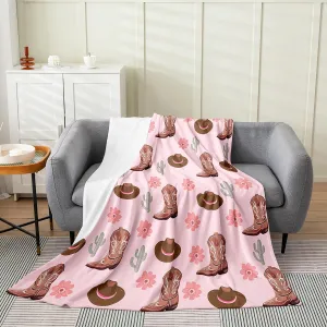 Erosebridal Cowgirls Room Decor Throw 50x60 Inch Hats Boots Flannel Blanket for Girls Women Cactus Floral Pink Brown Soft Warm Fleece Throw Blanket