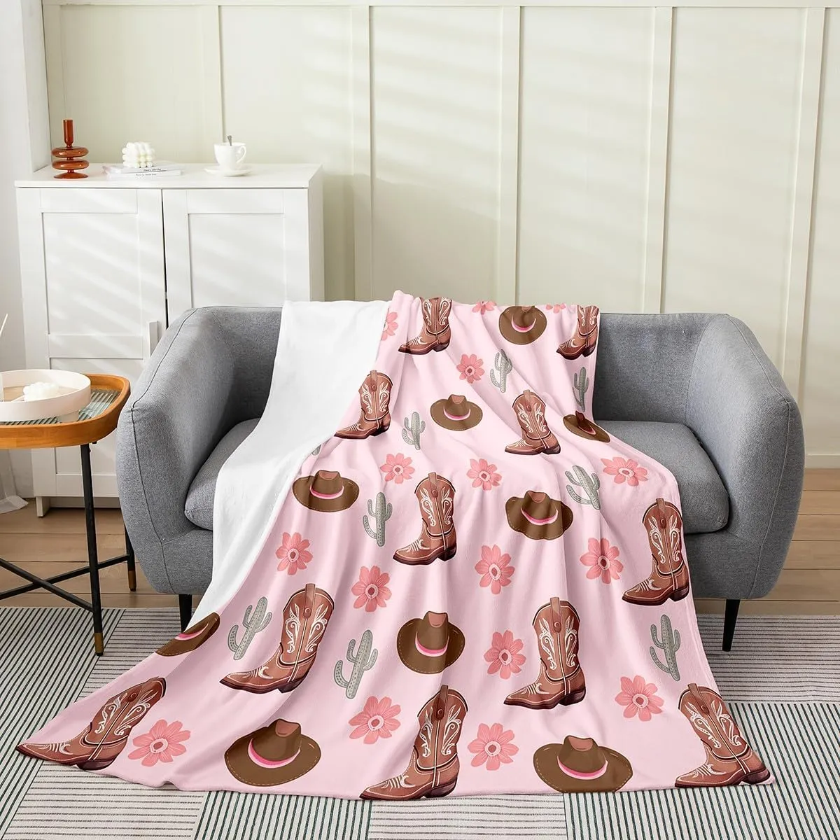 Erosebridal Cowgirls Room Decor Throw 50x60 Inch Hats Boots Flannel Blanket for Girls Women Cactus Floral Pink Brown Soft Warm Fleece Throw Blanket