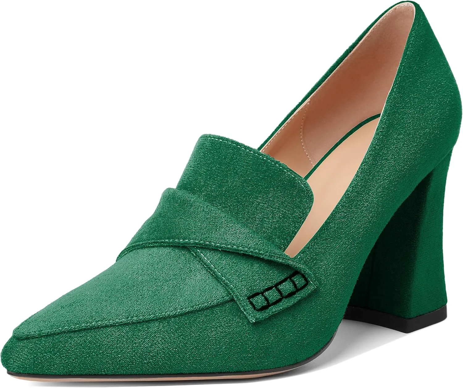 Esvowido Women's High Heel Loafers Block Chunky Heels Slip on Pumps Closed Pointed Toe Comfortable Dress Shoes for Work Office 3.5 Inch