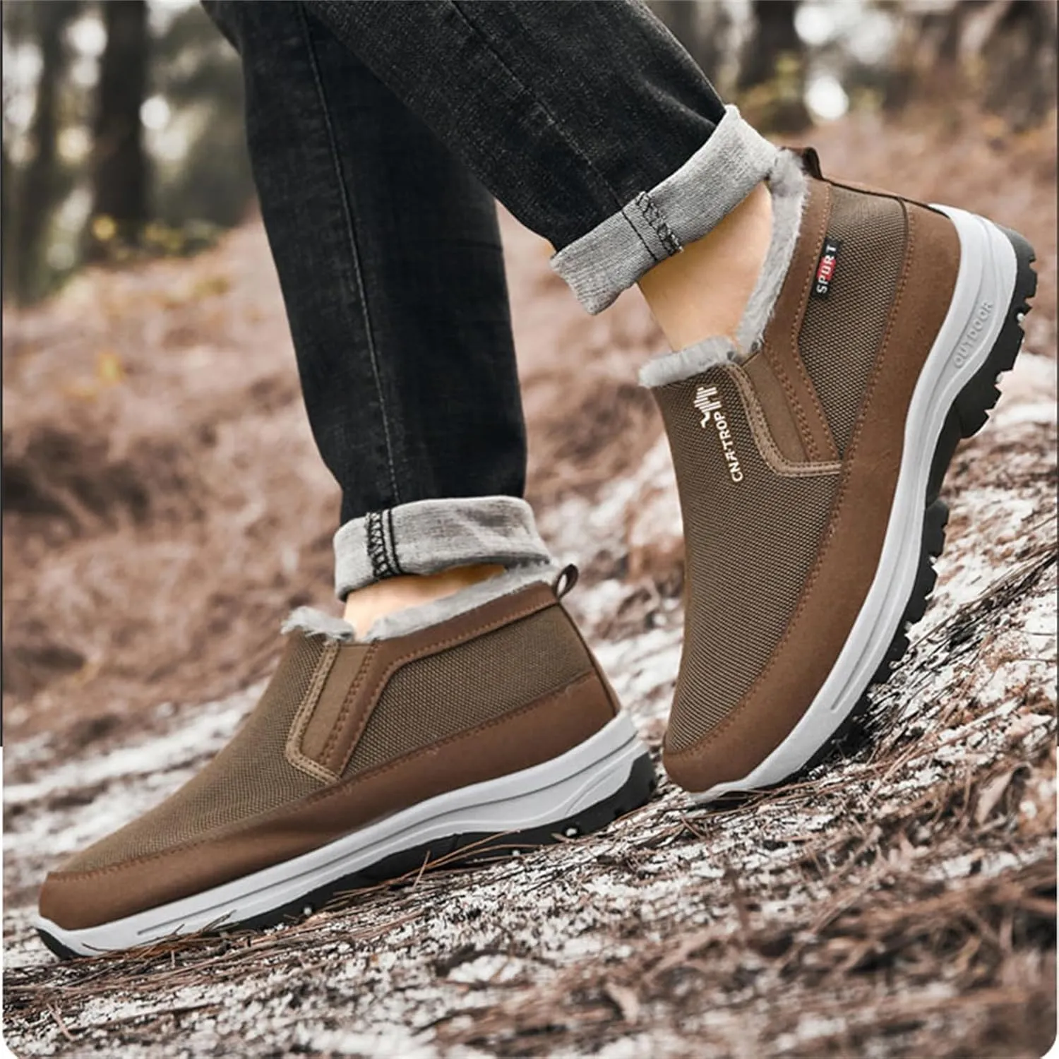 FAIRSOMA Men'S CNA Trop Winter Slip-On Warm Ankle Chukka Boots With Arch Support,Outdoor Waterproof Anti-Slip Fur Lined High Top Leather Snow Loafers Comfortable Hiking Walking Shoes