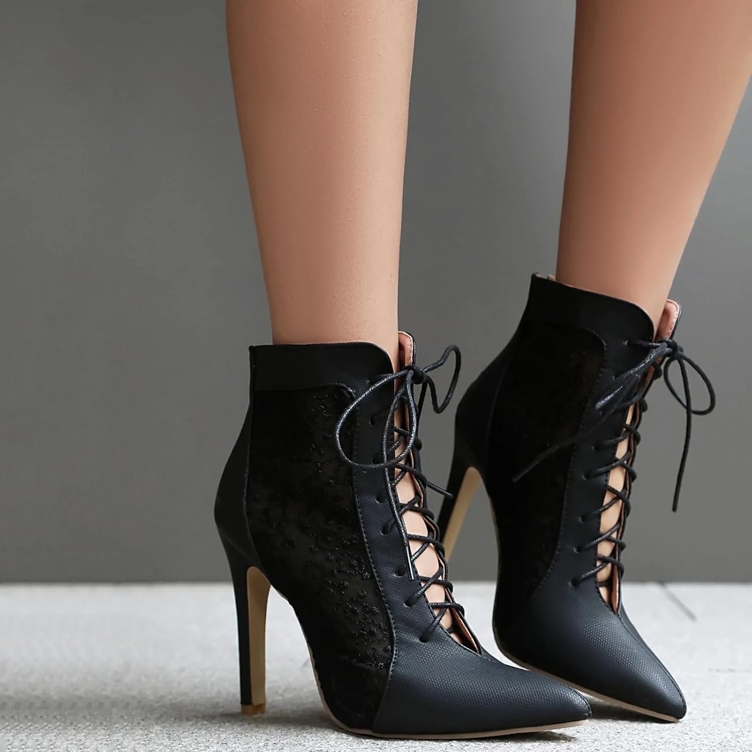 Fashion Mesh Air Lace Summer Booties for Women Pointed Toe Lace Up Dance Booties