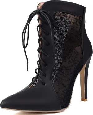 Fashion Mesh Air Lace Summer Booties for Women Pointed Toe Lace Up Dance Booties