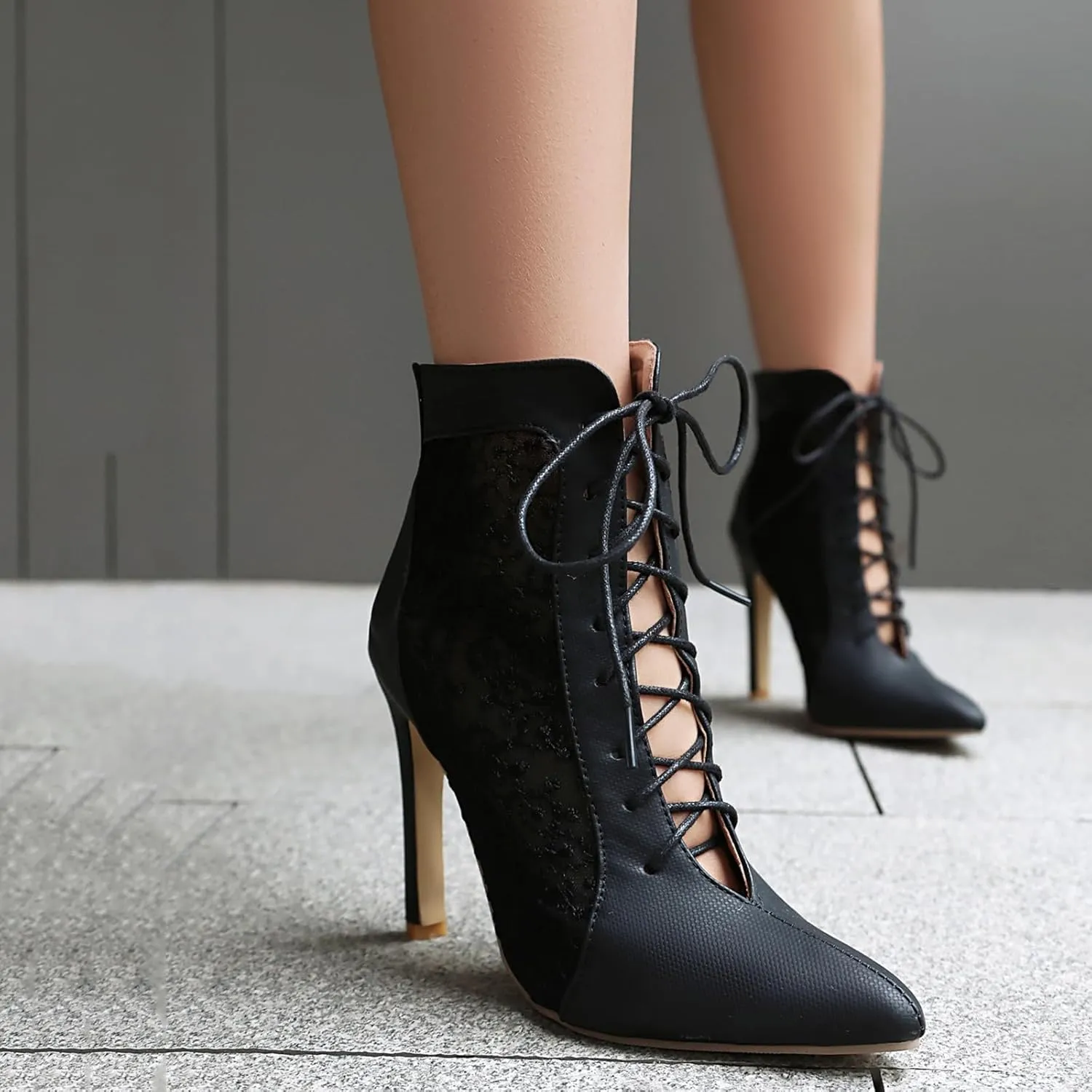Fashion Mesh Air Lace Summer Booties for Women Pointed Toe Lace Up Dance Booties