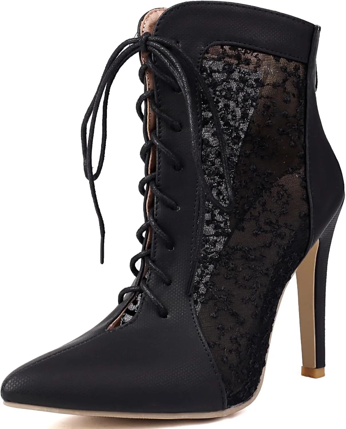 Fashion Mesh Air Lace Summer Booties for Women Pointed Toe Lace Up Dance Booties
