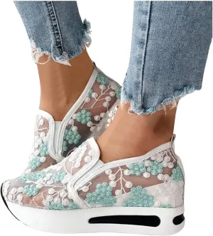 Fashion Sneakers for Women 2025,Floral Embroidery Breathable Sheer Mesh Sneakers Floral Comfort Chunky Sole Hidden High Heels Slip On Loafers Walking Work Wedding Bridal Bling Tennis Shoes