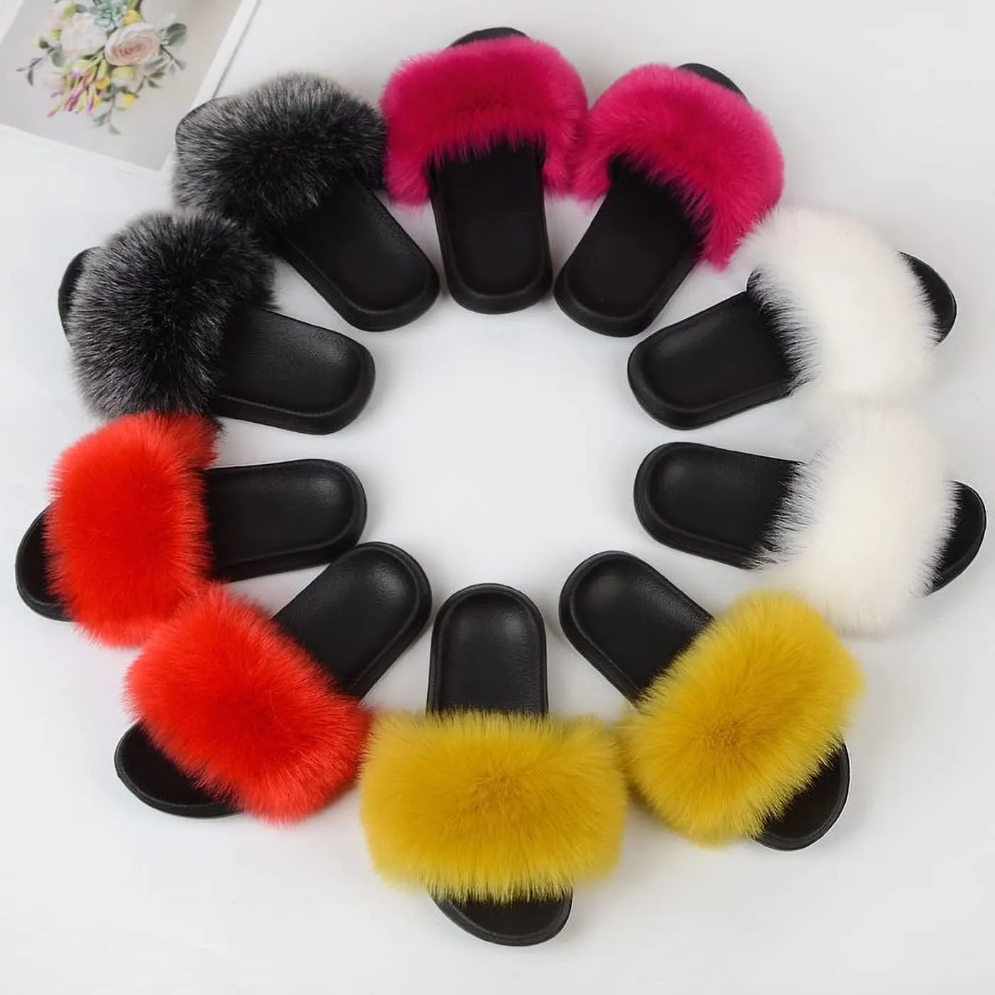 Fashion Women's Fur Flats slides sandals Slippers Furry Fuzzy Cozy Open Toe Fluffy Slides Slippers Fur Feather Slip On Shoes