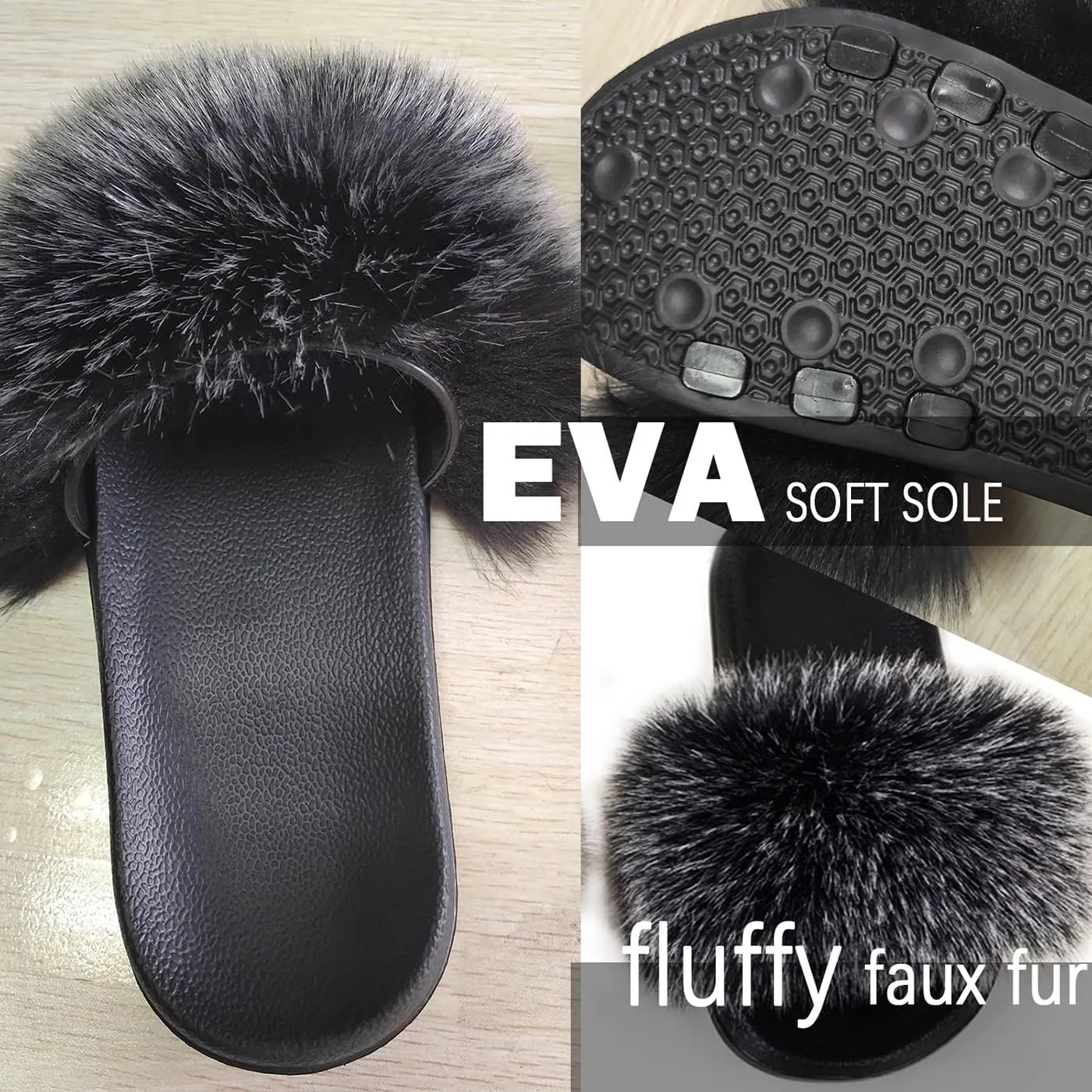 Fashion Women's Fur Flats slides sandals Slippers Furry Fuzzy Cozy Open Toe Fluffy Slides Slippers Fur Feather Slip On Shoes