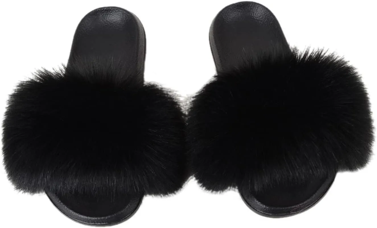 Fashion Women's Fur Flats slides sandals Slippers Furry Fuzzy Cozy Open Toe Fluffy Slides Slippers Fur Feather Slip On Shoes