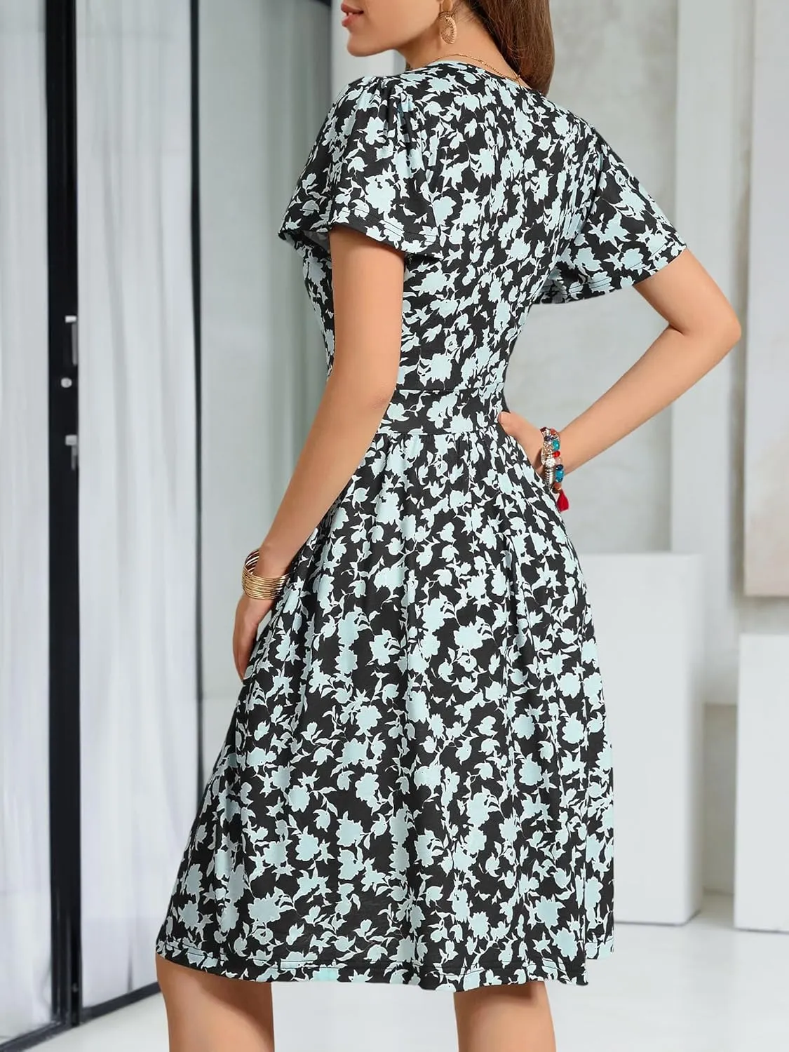 FENSACE Summer Short Sleeve V Neck Dress A Line Elegant Floral Midi Sundresses with Pockets