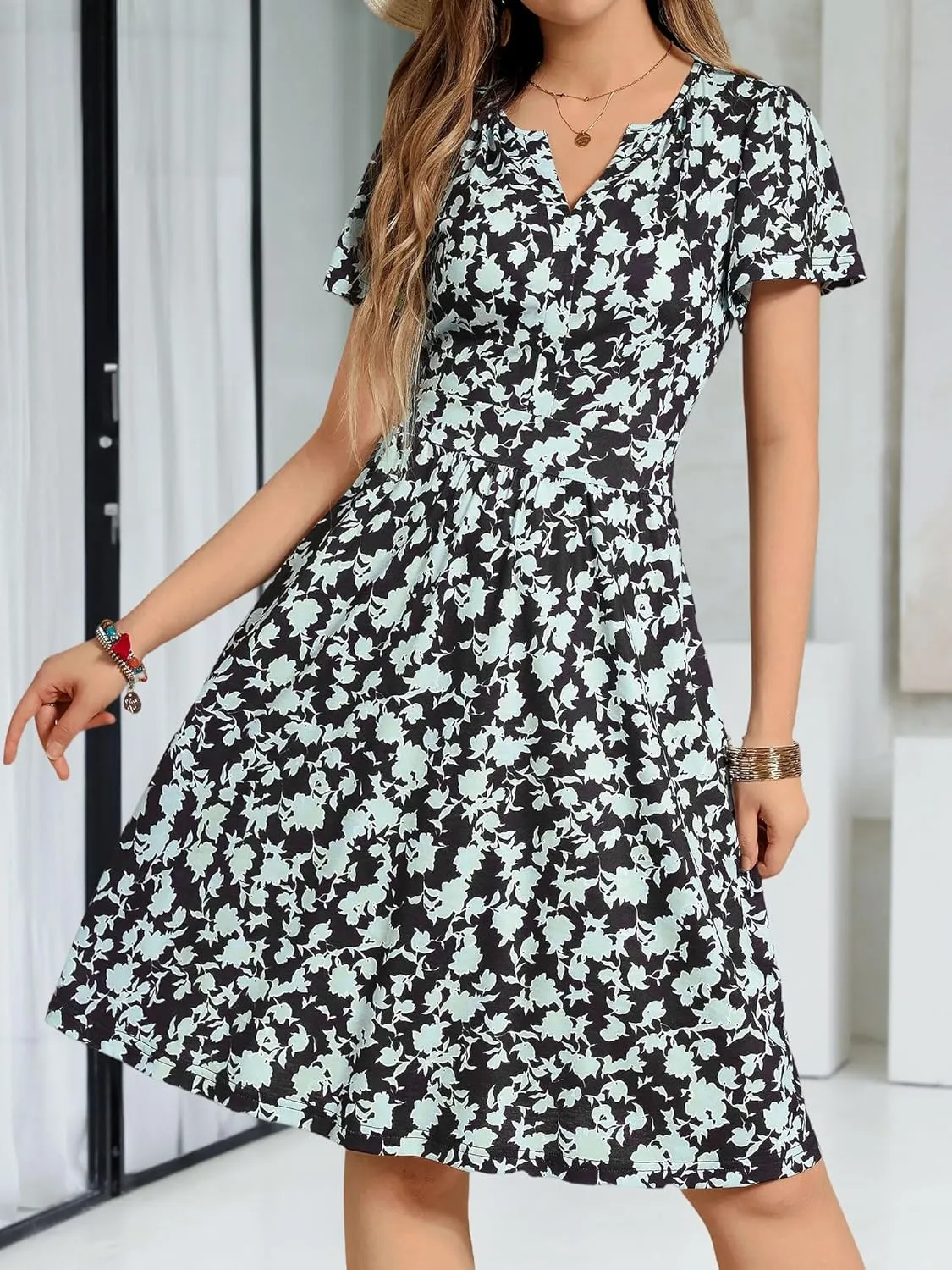 FENSACE Summer Short Sleeve V Neck Dress A Line Elegant Floral Midi Sundresses with Pockets
