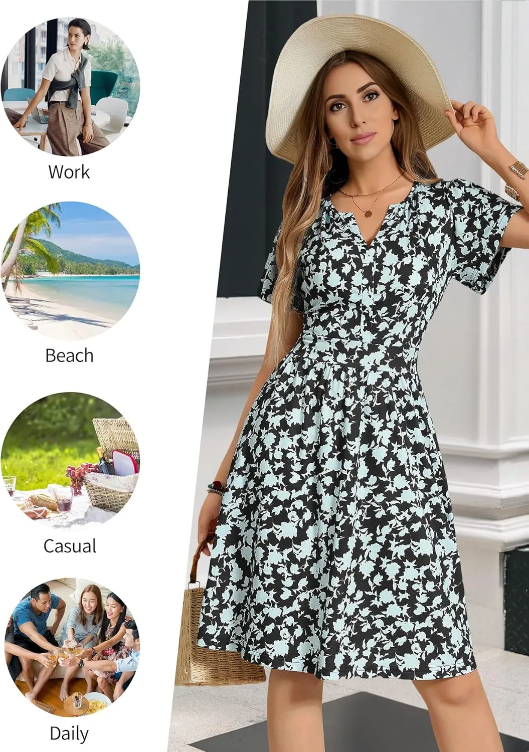 FENSACE Summer Short Sleeve V Neck Dress A Line Elegant Floral Midi Sundresses with Pockets