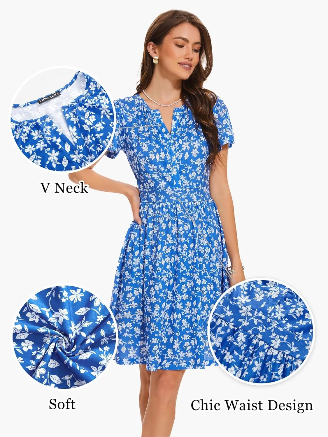 FENSACE Summer Short Sleeve V Neck Dress A Line Elegant Floral Midi Sundresses with Pockets