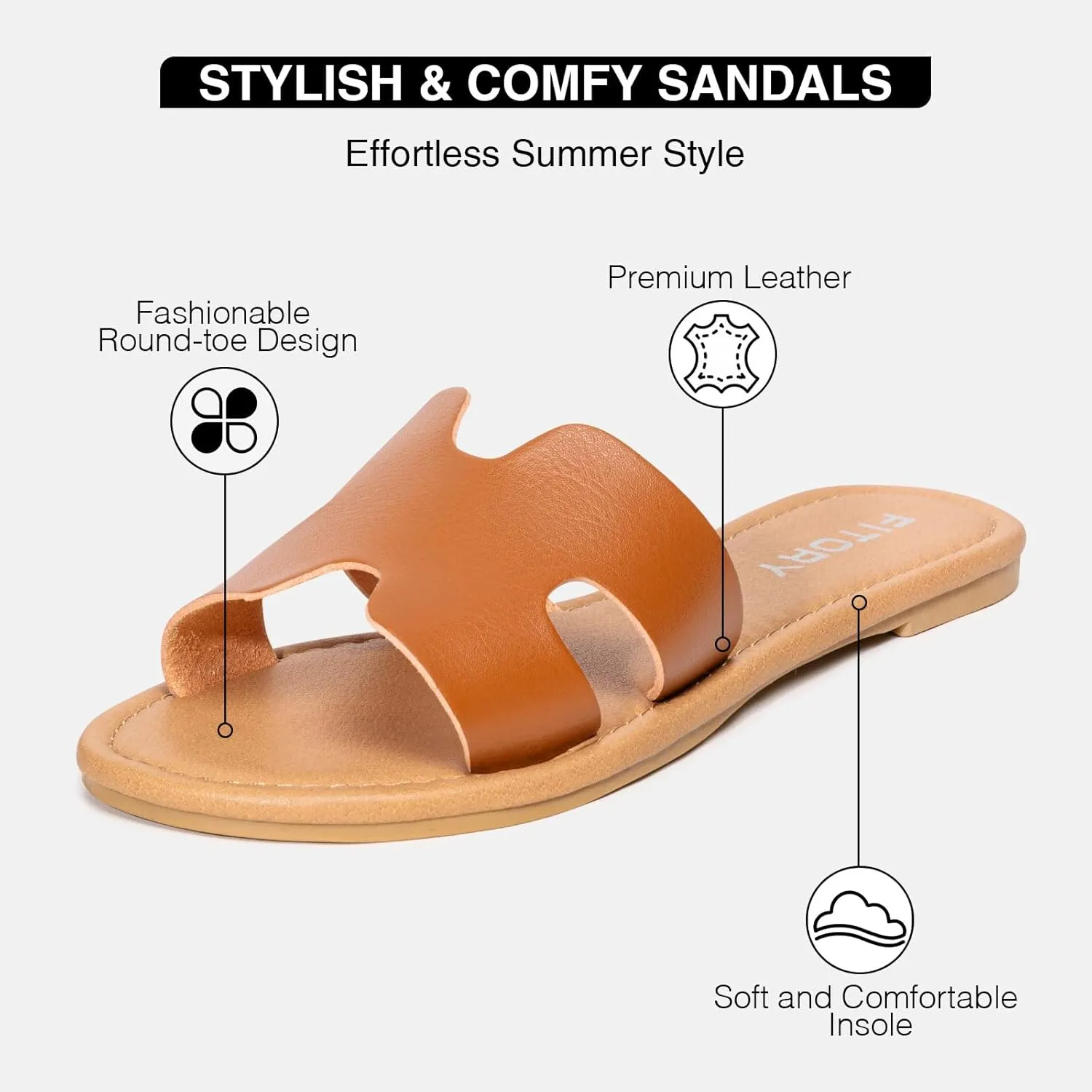 FITORY Women's Comfortable Dressy Leather Flat Sandals - Stylish & Beautiful Summer Slides Size 6-11