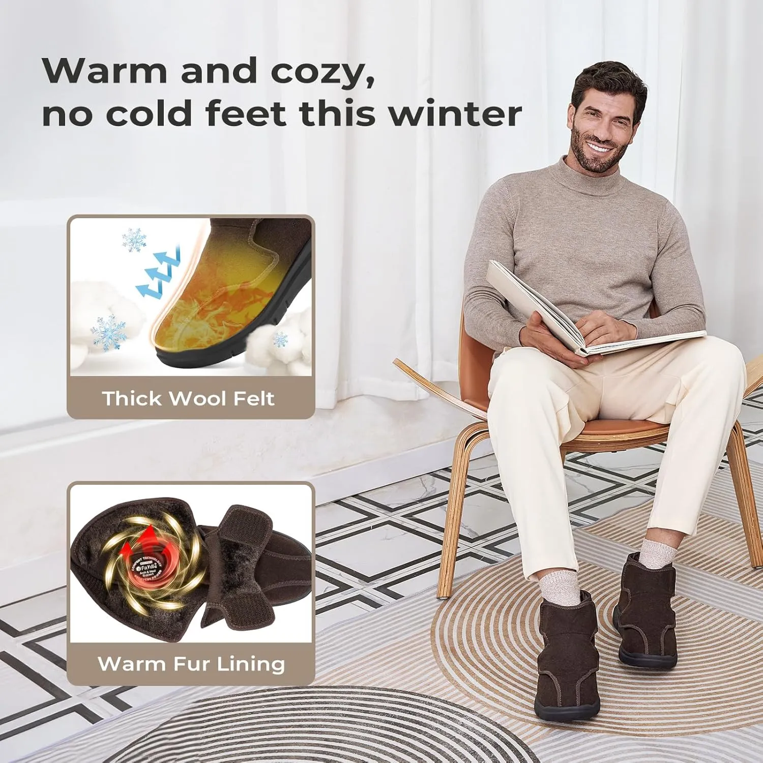 FitVille Diabetic Winter Boots for Men Fully Adjustable Straps Men Snow Boots Wide Neuropathy with Warm Fur Lining