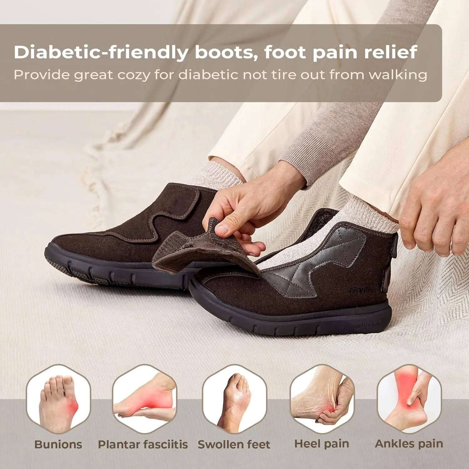 FitVille Diabetic Winter Boots for Men Fully Adjustable Straps Men Snow Boots Wide Neuropathy with Warm Fur Lining