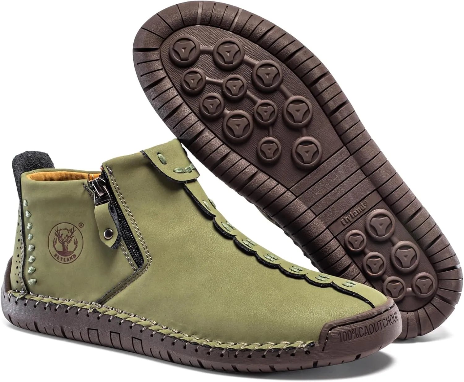 FLYLAND Men's Casual Leather Handmade Fashion Sneakers Ankle Chukka Boots Lightweight Mid-top Dress Shoes Walking Driving Shoe