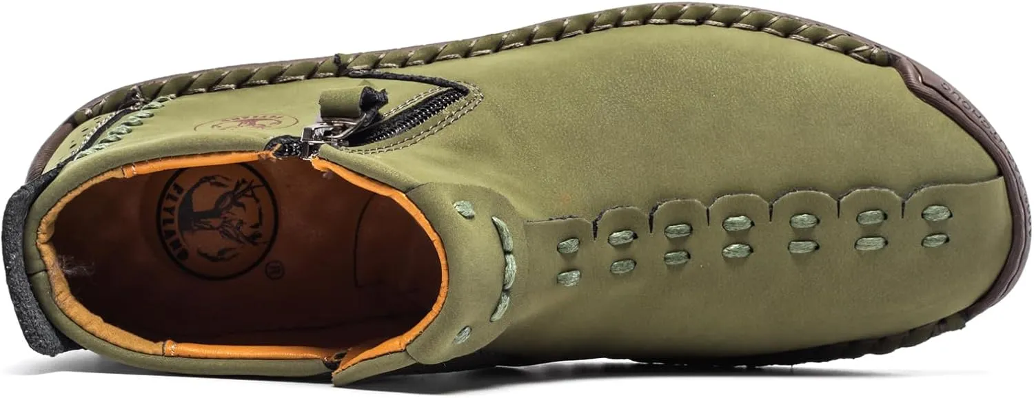 FLYLAND Men's Casual Leather Handmade Fashion Sneakers Ankle Chukka Boots Lightweight Mid-top Dress Shoes Walking Driving Shoe