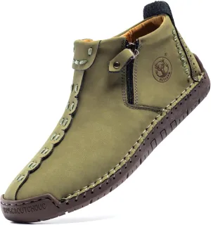 FLYLAND Men's Casual Leather Handmade Fashion Sneakers Ankle Chukka Boots Lightweight Mid-top Dress Shoes Walking Driving Shoe