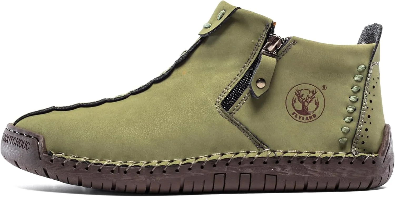 FLYLAND Men's Casual Leather Handmade Fashion Sneakers Ankle Chukka Boots Lightweight Mid-top Dress Shoes Walking Driving Shoe