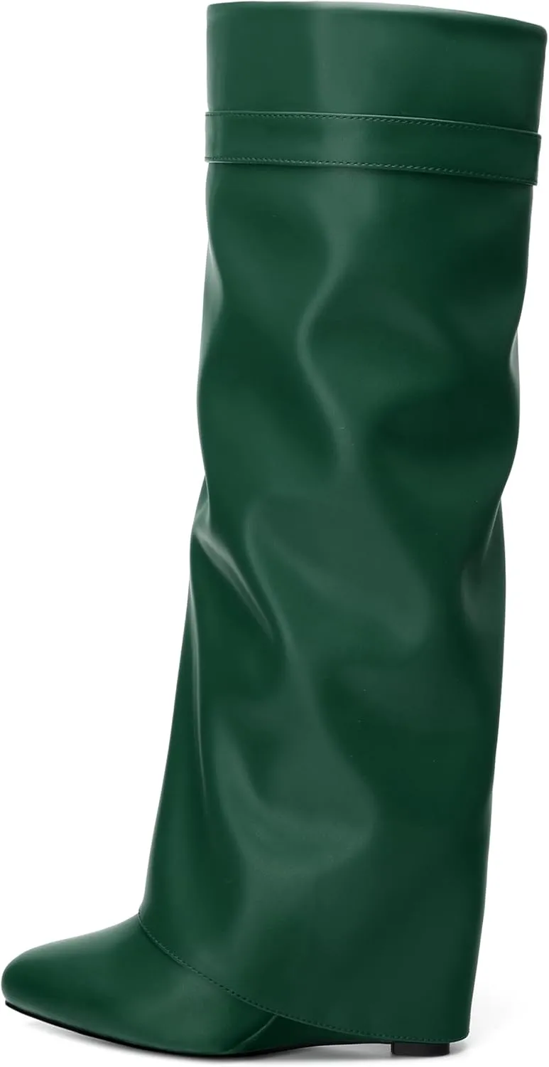 Fold Over Wedge Boots for Women Knee High Zipper Round Toe Tall Boots Wide Calf High Heel Long Boots