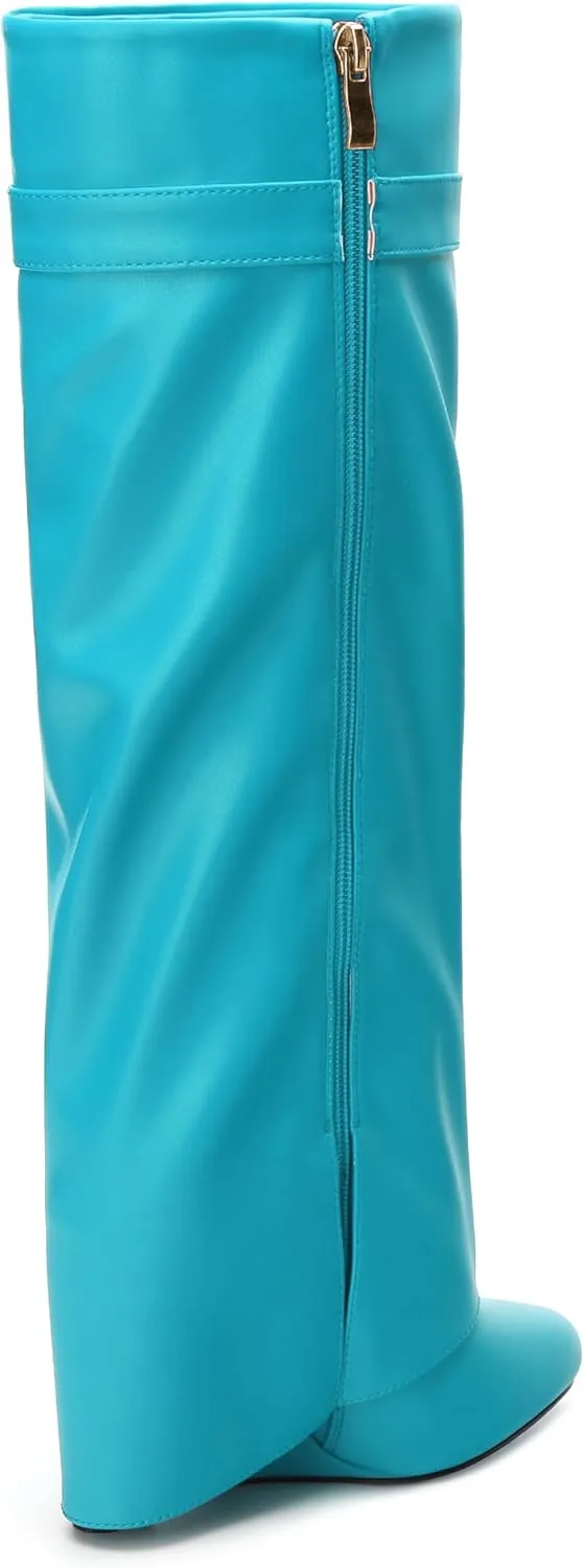 Fold Over Wedge Boots for Women Knee High Zipper Round Toe Tall Boots Wide Calf High Heel Long Boots