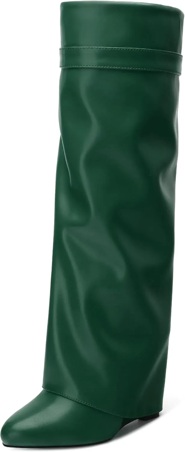 Fold Over Wedge Boots for Women Knee High Zipper Round Toe Tall Boots Wide Calf High Heel Long Boots