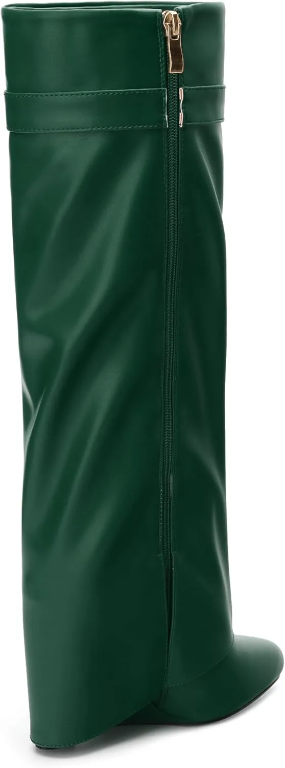 Fold Over Wedge Boots for Women Knee High Zipper Round Toe Tall Boots Wide Calf High Heel Long Boots
