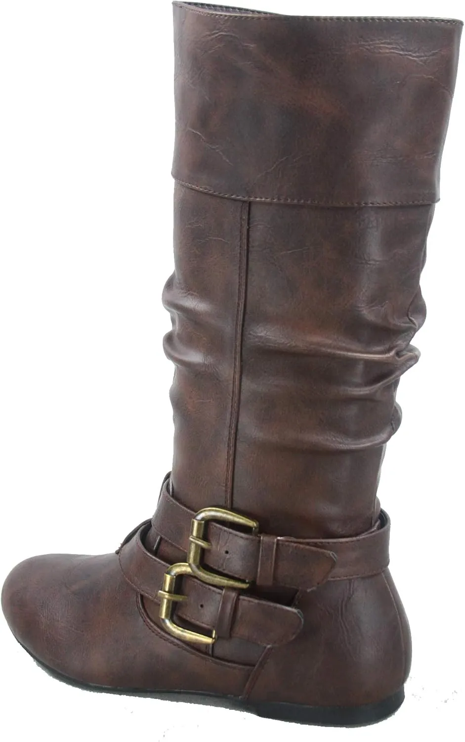 Forever Sonny-54 Women's Stylish Round Toe Buckle Zipper Slouchy Mid-Calf Riding Boots Shoes