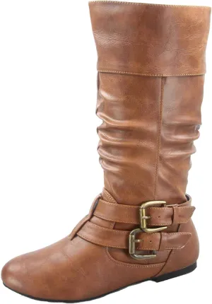 Forever Sonny-54 Women's Stylish Round Toe Buckle Zipper Slouchy Mid-Calf Riding Boots Shoes
