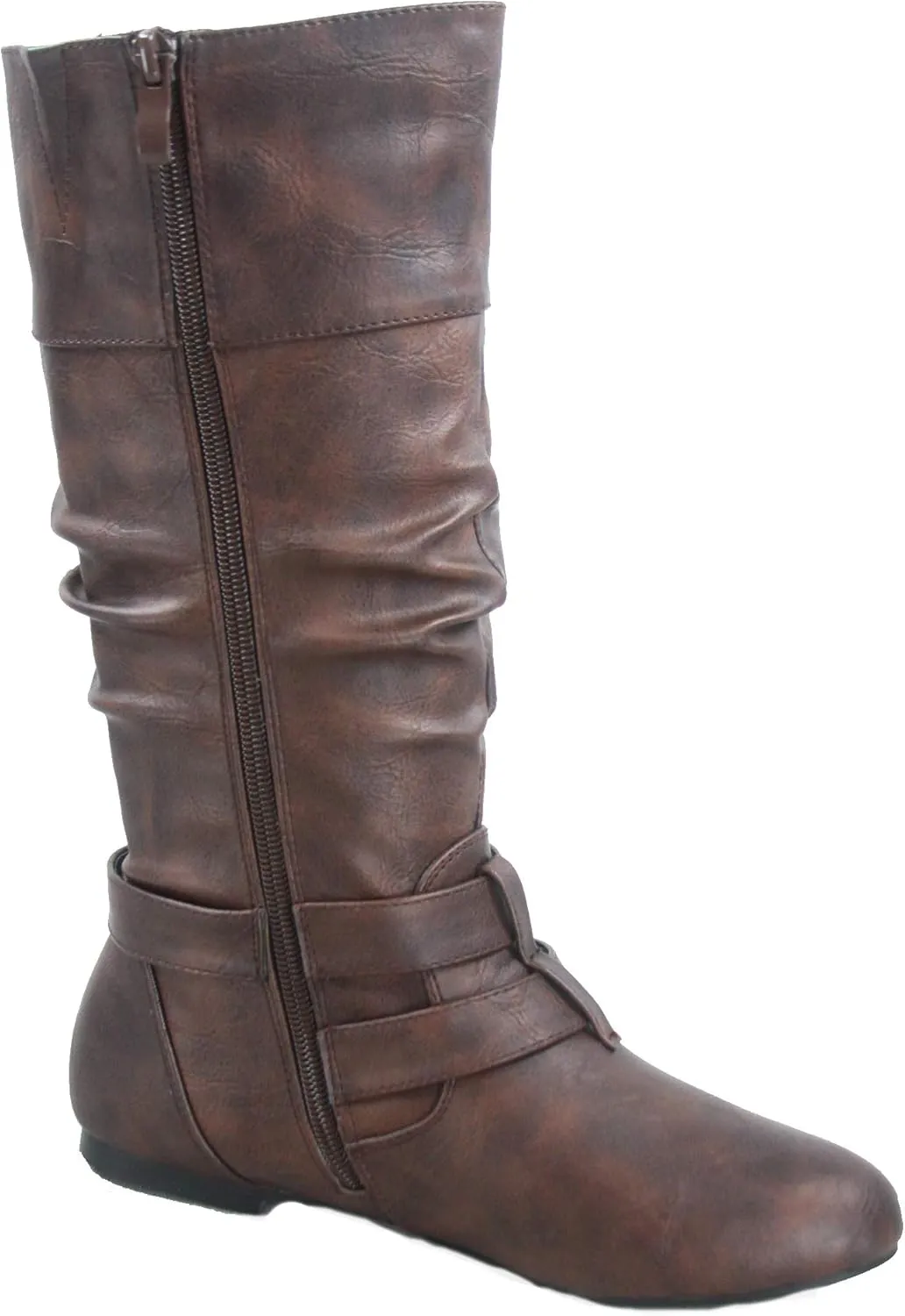 Forever Sonny-54 Women's Stylish Round Toe Buckle Zipper Slouchy Mid-Calf Riding Boots Shoes