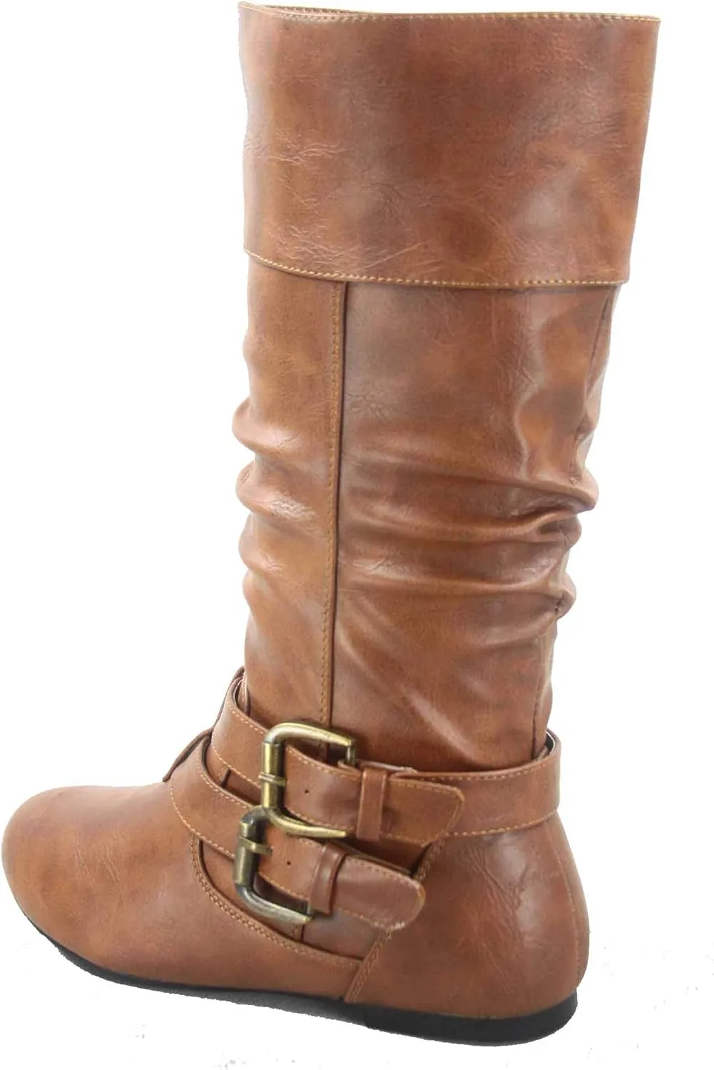 Forever Sonny-54 Women's Stylish Round Toe Buckle Zipper Slouchy Mid-Calf Riding Boots Shoes