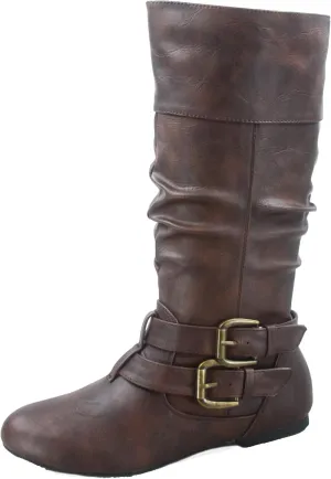 Forever Sonny-54 Women's Stylish Round Toe Buckle Zipper Slouchy Mid-Calf Riding Boots Shoes