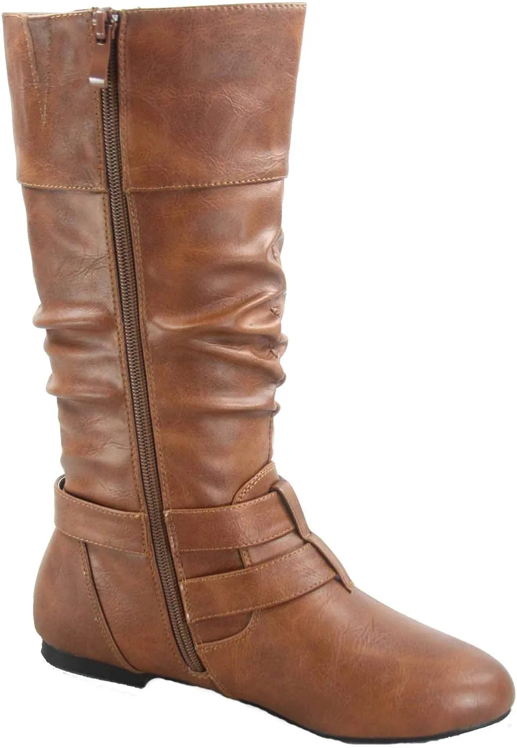 Forever Sonny-54 Women's Stylish Round Toe Buckle Zipper Slouchy Mid-Calf Riding Boots Shoes