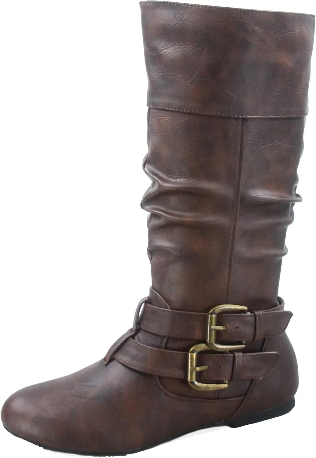 Forever Sonny-54 Women's Stylish Round Toe Buckle Zipper Slouchy Mid-Calf Riding Boots Shoes