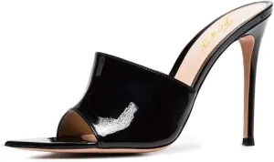 FOWT Chic Leather Pointed Toe Classic Mules Slide Womens Sandals Stylish Thin High 4 IN Heels Elegant Street Dress Office Business Gold Pumps Summer Shoes, US Size 4-16 M