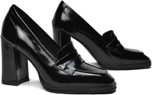 FOWT Dressy High Block Heels Loafers for Women Classical Square Toe Pumps Comfortable Slip On Walking Shoes School Uniform Goth Oxfords US Size 4-16 M