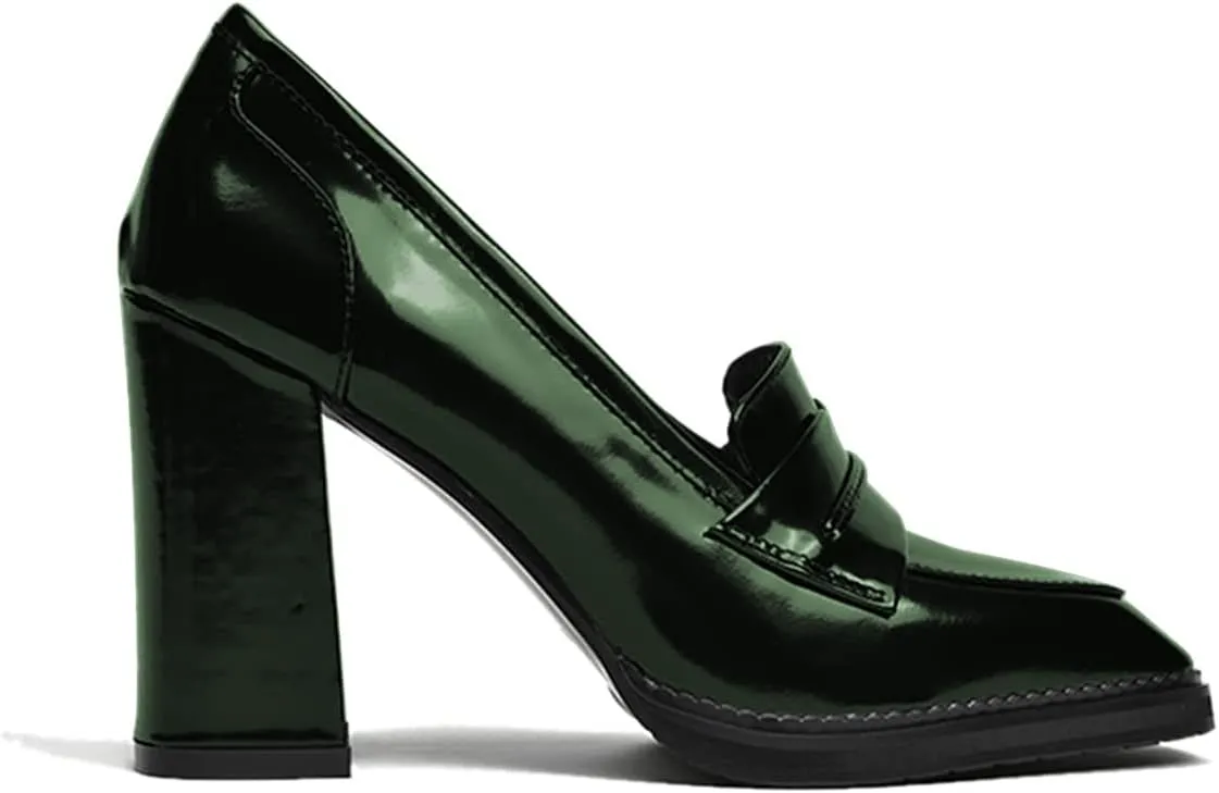 FOWT Dressy High Block Heels Loafers for Women Classical Square Toe Pumps Comfortable Slip On Walking Shoes School Uniform Goth Oxfords US Size 4-16 M
