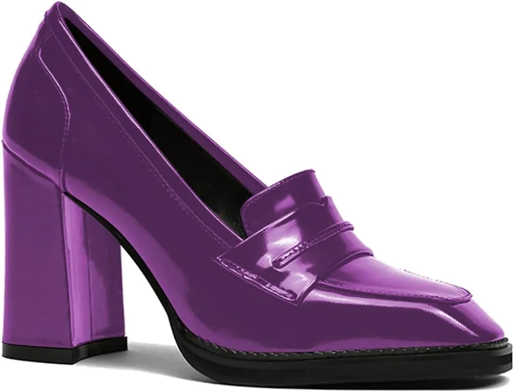 FOWT Dressy High Block Heels Loafers for Women Classical Square Toe Pumps Comfortable Slip On Walking Shoes School Uniform Goth Oxfords US Size 4-16 M