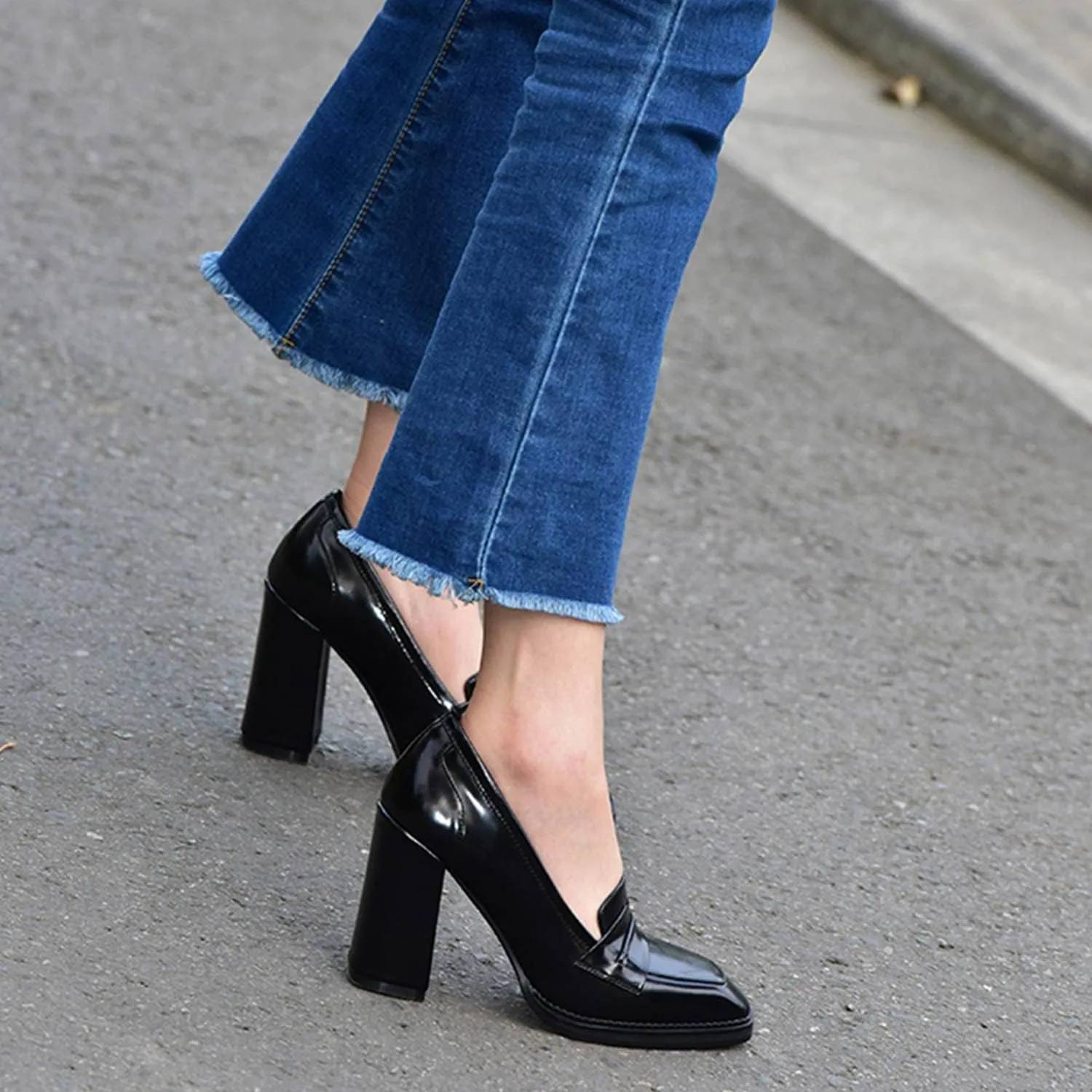 FOWT Dressy High Block Heels Loafers for Women Classical Square Toe Pumps Comfortable Slip On Walking Shoes School Uniform Goth Oxfords US Size 4-16 M