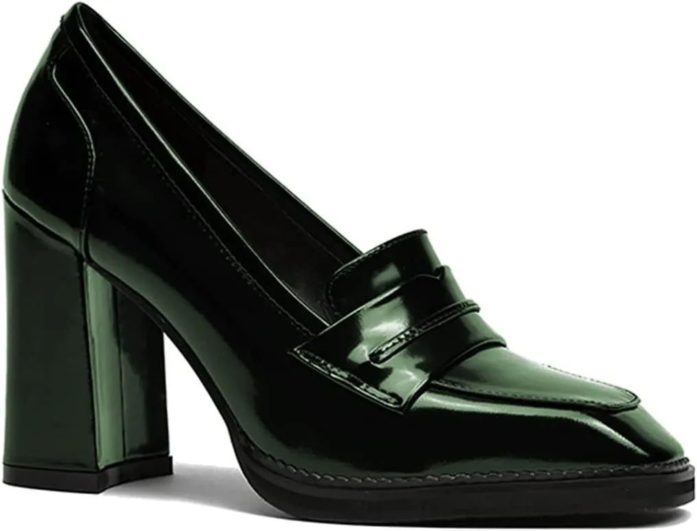 FOWT Dressy High Block Heels Loafers for Women Classical Square Toe Pumps Comfortable Slip On Walking Shoes School Uniform Goth Oxfords US Size 4-16 M