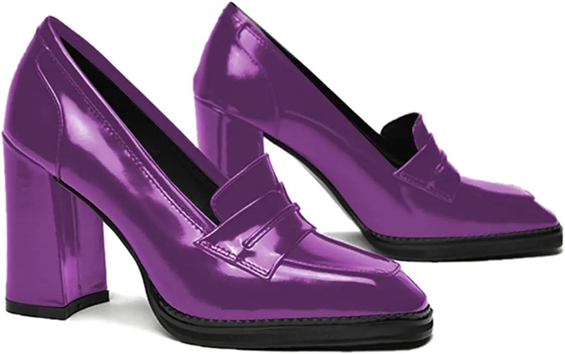 FOWT Dressy High Block Heels Loafers for Women Classical Square Toe Pumps Comfortable Slip On Walking Shoes School Uniform Goth Oxfords US Size 4-16 M
