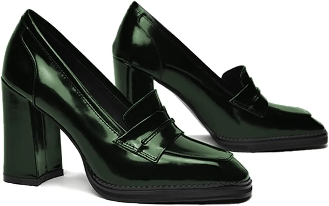 FOWT Dressy High Block Heels Loafers for Women Classical Square Toe Pumps Comfortable Slip On Walking Shoes School Uniform Goth Oxfords US Size 4-16 M