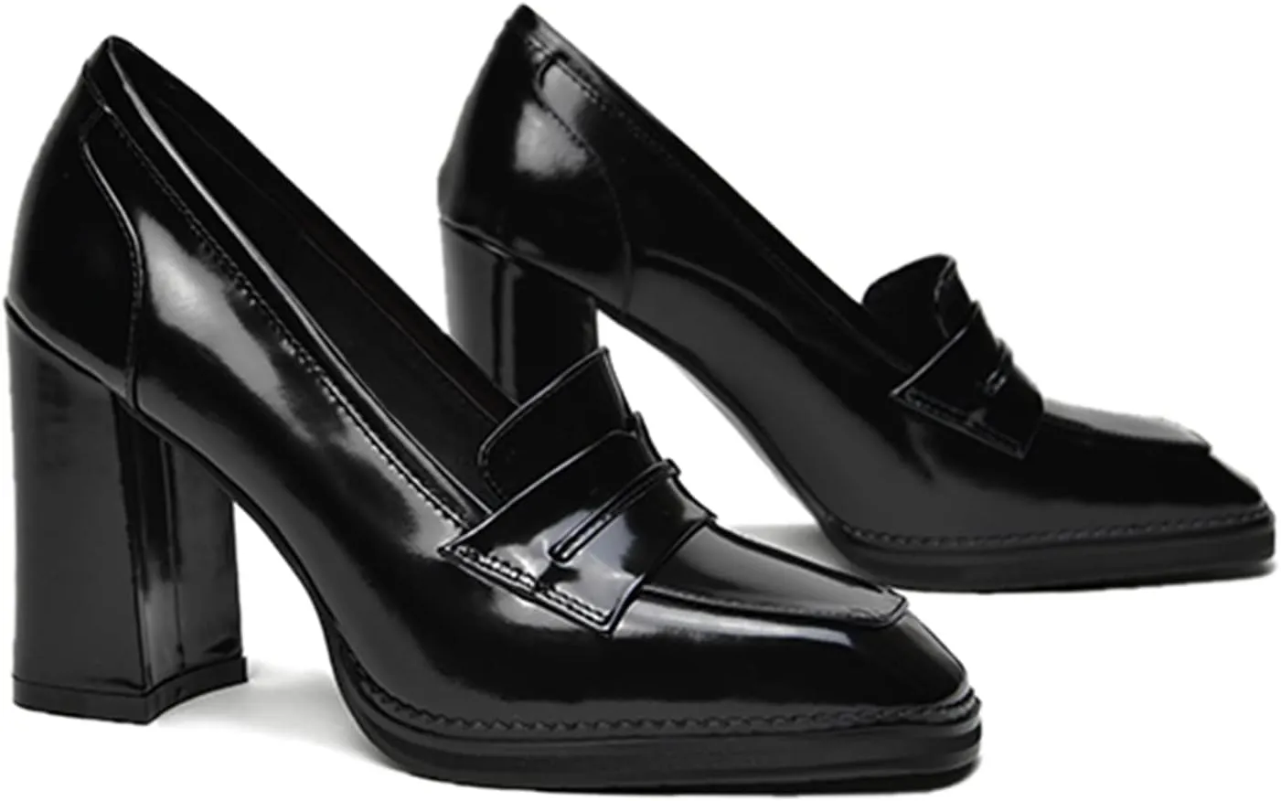 FOWT Dressy High Block Heels Loafers for Women Classical Square Toe Pumps Comfortable Slip On Walking Shoes School Uniform Goth Oxfords US Size 4-16 M