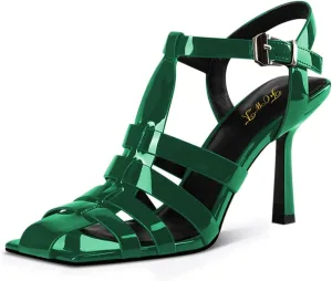 FOWT Women Fashion Square Toe Gladiator Sandals Strappy Stiletto High Heels Buckle Up Pumps Classic Party Office Summer Dress Shoes Size 4-16 US